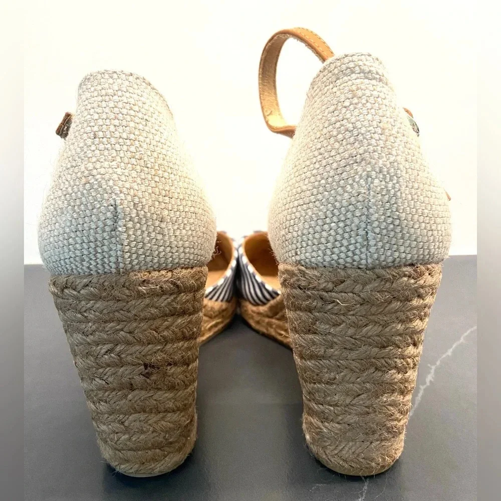 White Mountain Mamba Wedge Espadrille Blue/White Stripe Leather Ankle Strap 11 M